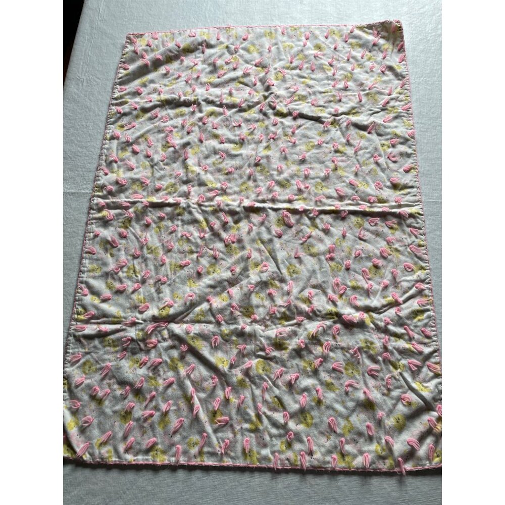 Vintage Baby Blanket With Raised Pink Yarn Accents & Yellow Bear Print